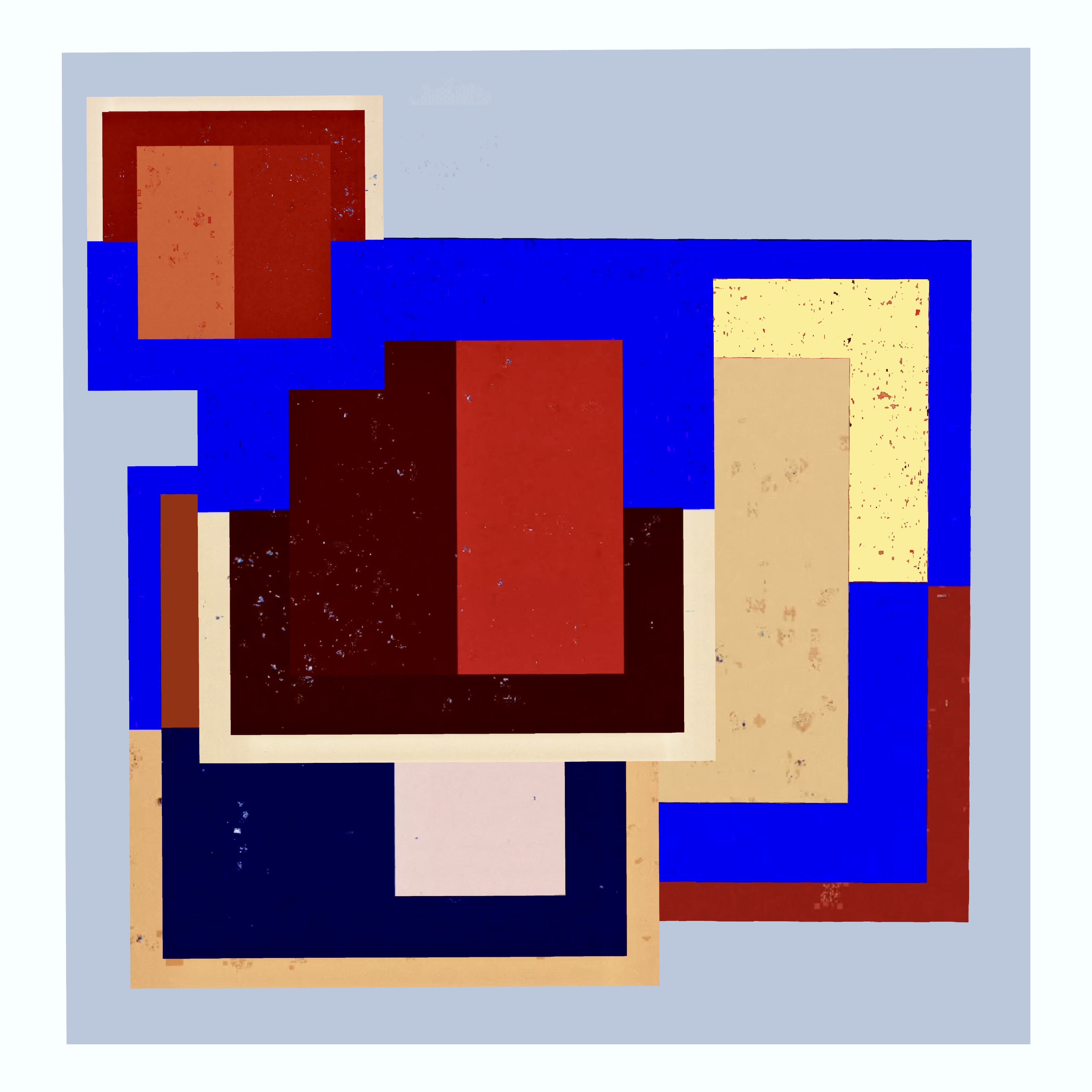 Sensor Noise — composite 001: still derived from iPhone 15 darkness capture; iterative curves & hue edits stacked, screen-grabbed, composed in Procreate