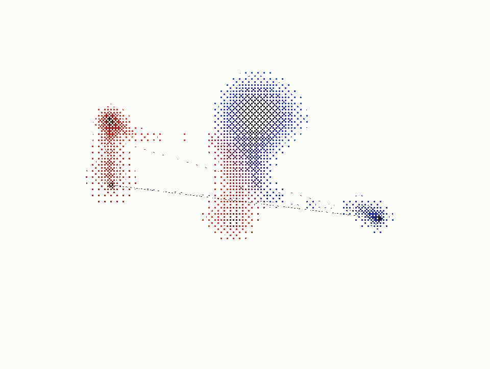 The ghost dance — two stippled bodies, red and blue, joined by a thread on paper