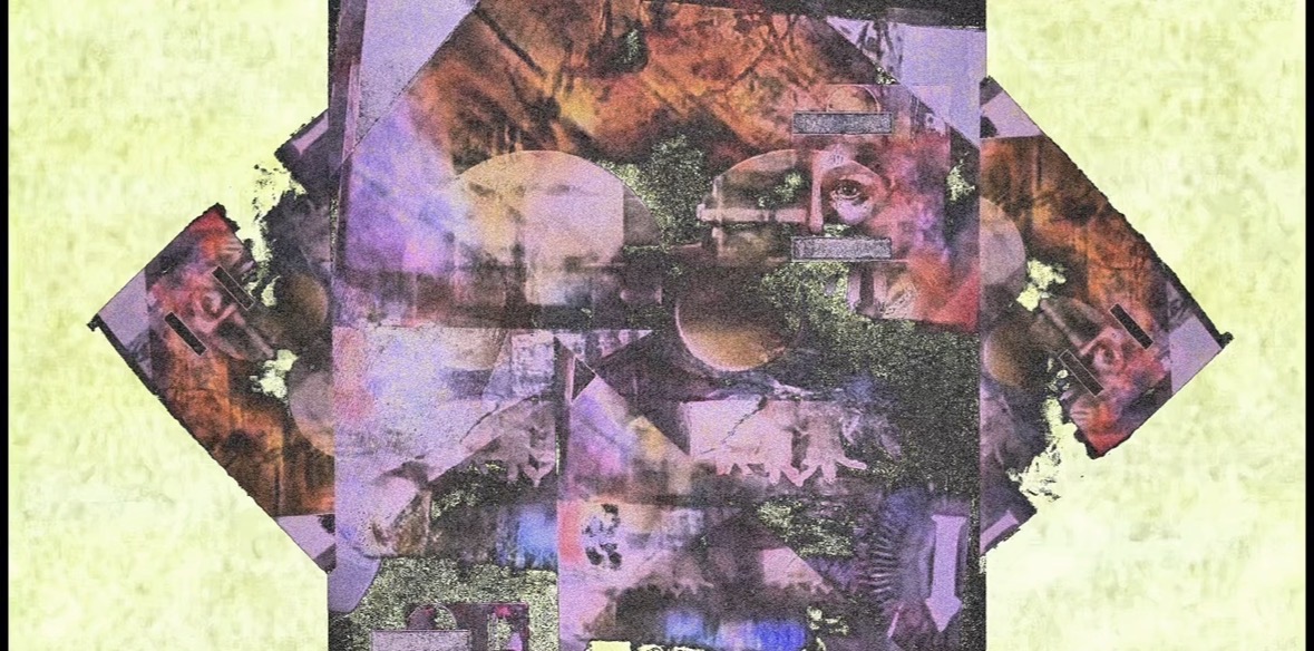Fragments — still from a projection piece: a symmetrical collage of violet, rust and green layers around a watching eye